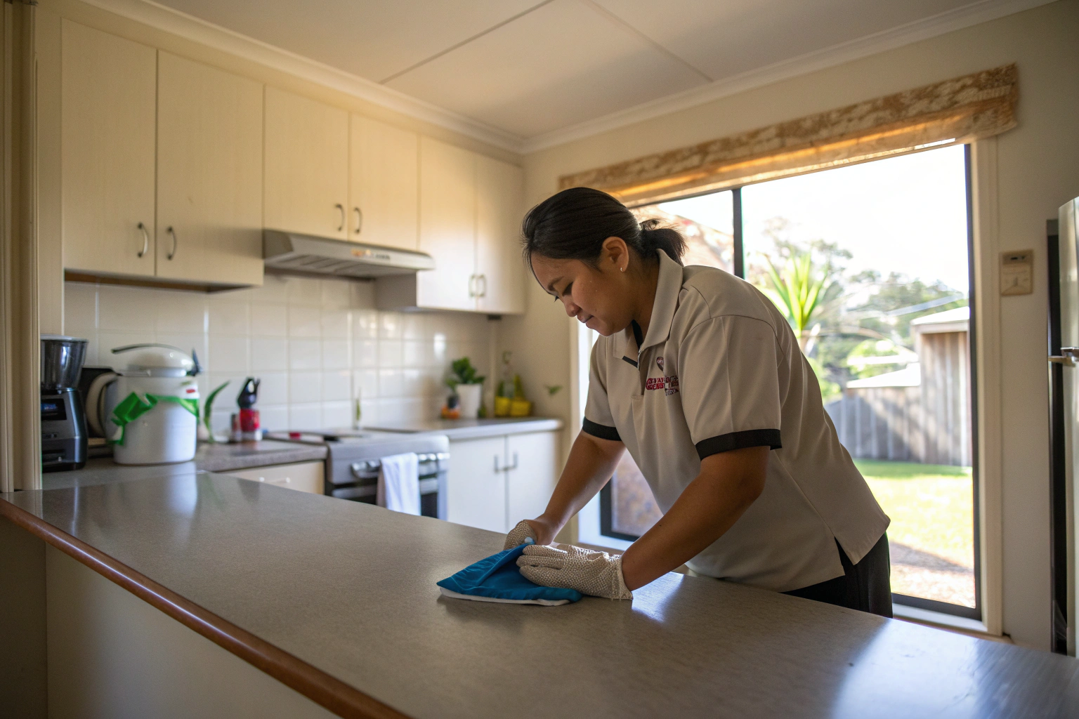 Cleaner wiping kitchen benchtop in a Meringandan family home
