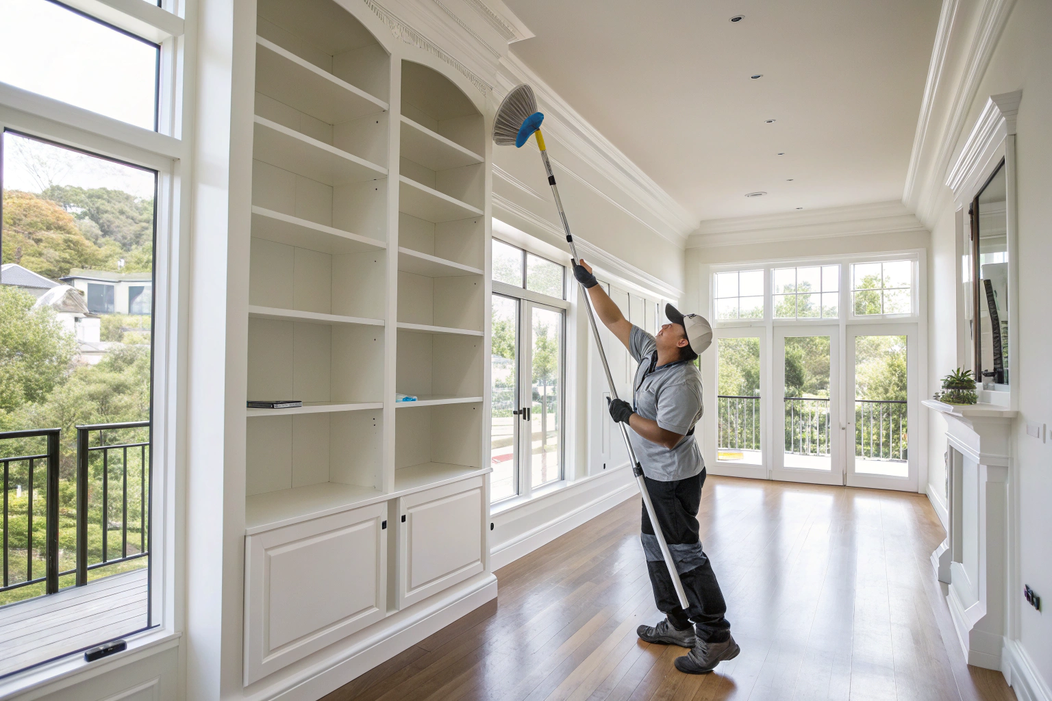 Cleaner removing dust from surfaces in a newly built home in Meringandan West
