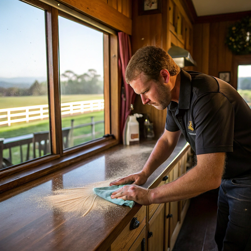 Cleaner wiping dust from surfaces inside a rural Queensland home