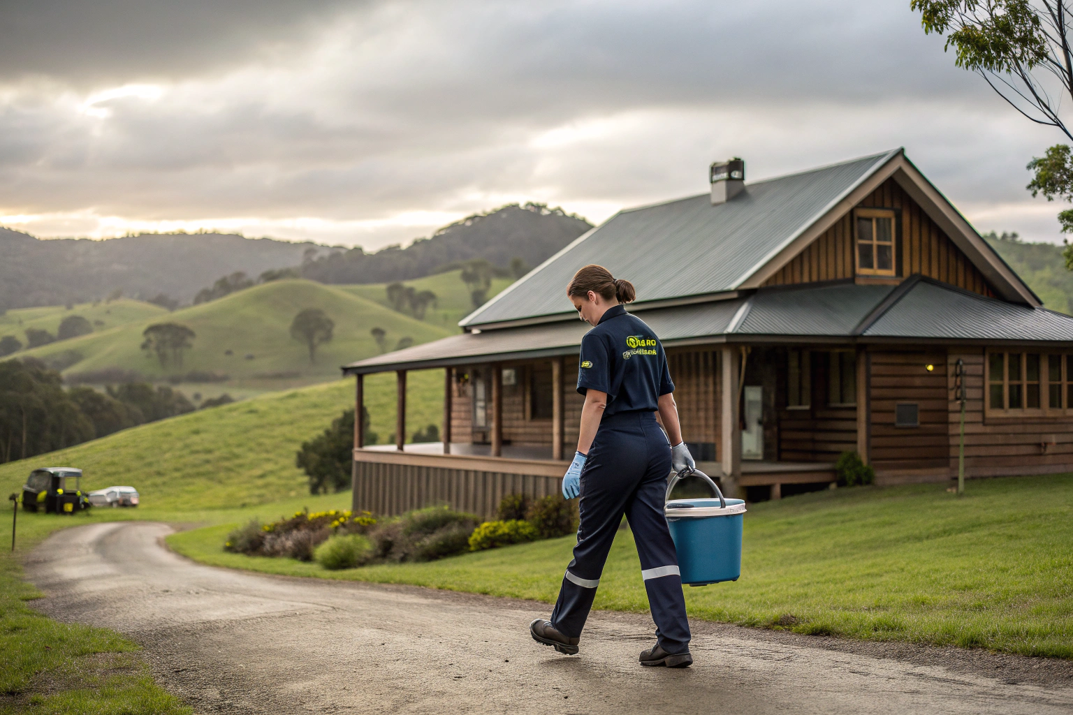 Professional cleaner arriving at a rural Queensland home in Ravensbourne