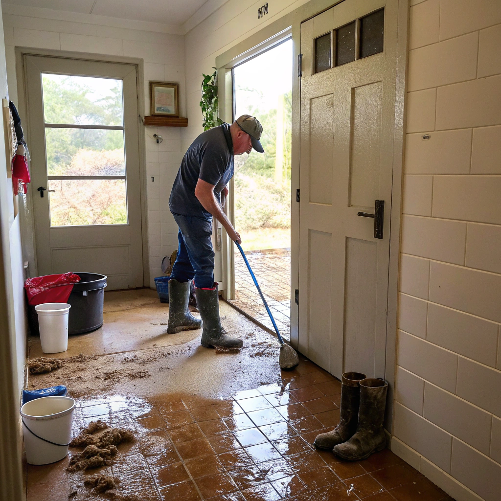Cleaner mopping a muddy entryway in a rural Queensland acreage home
