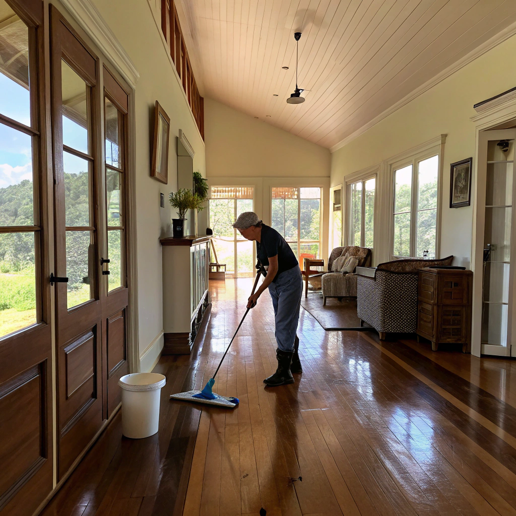 Cleaner mopping floors in a large rural property near Meringandan